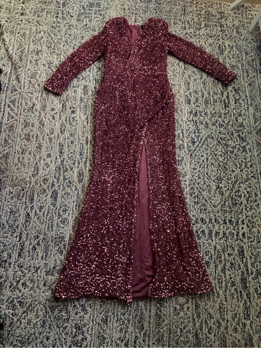 Burgundy Sequin Long Sleeve Evening Gown with Front Slit